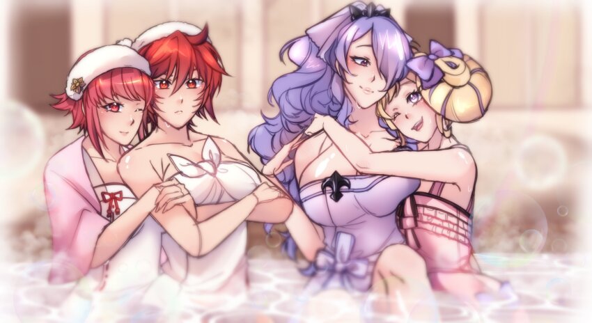 4girls, absurdres, blonde_hair, camilla_(fire_emblem), camilla_(hostile_springs)_(fire_emblem), commentary, elise_(fire_emblem), elise_(hostile_springs)_(fire_emblem)
