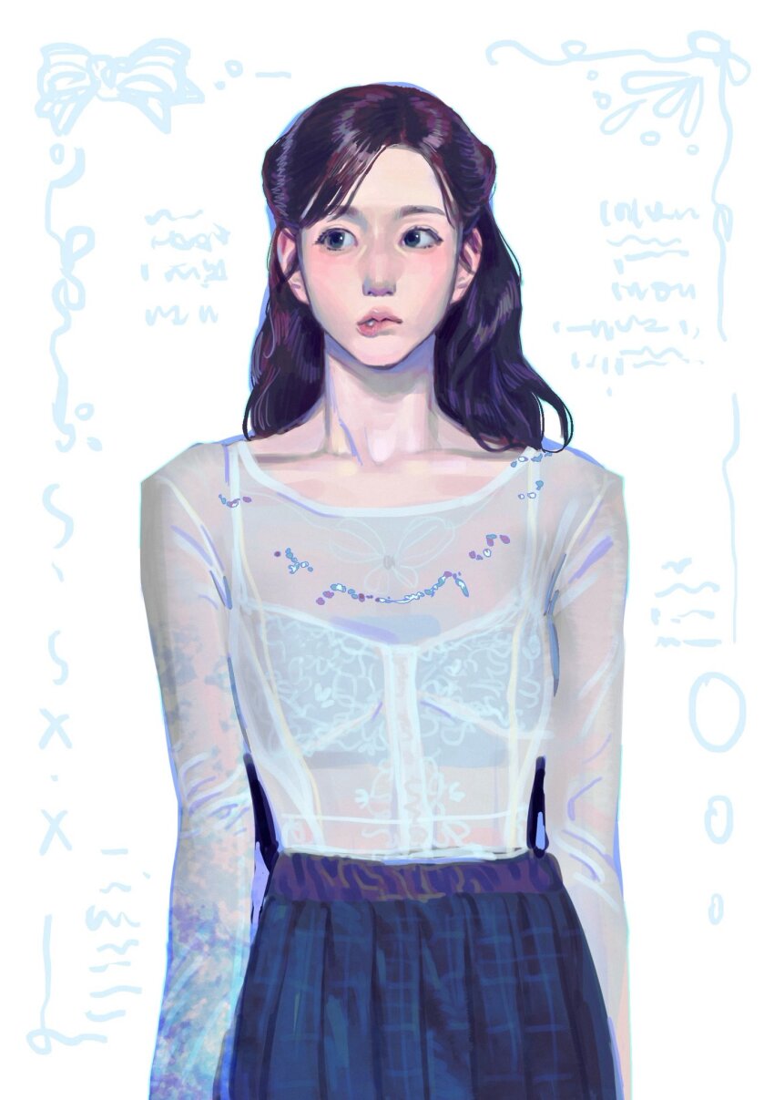 1girl, biting_own_lip, black_eyes, blue_bra, blue_shirt, blue_skirt, bra, brown_hair, collar, collarbone, east_asian, haewon_(nmixx), hair_behind_ear, hashtag-only_commentary, highres, jiankangmeizi, k-pop, long_hair, nmixx, real_life, realistic, see-through_clothes, see-through_shirt, shirt, shirt_tucked_in, skirt, solo, underwear, very_long_hair, white_background