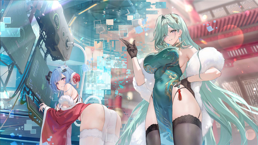 2girls, ass, azur_lane, black_gloves, black_thighhighs, blue_hair, bogatyr_(azur_lane), bogatyr_(emotional_data_maintenance)_(azur_lane)