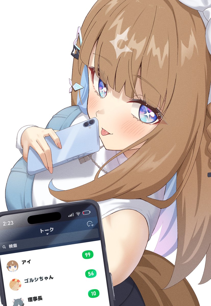 1girl, :p, almond_eye_(casual)_(umamusume), almond_eye_(umamusume), animal_ears, bare_shoulders, battery_indicator, blue_eyes, blue_hair, blush, brown_hair, brown_tail, chahanramen, colored_inner_hair, commentary_request, cross-shaped_pupils, fingernails, hair_ornament, hairclip, highres, holding, holding_phone, horse_ears, horse_girl, long_hair, looking_at_viewer, multicolored_hair, phone, shirt, simple_background, streaked_hair, symbol-shaped_pupils, tongue, tongue_out, too_many_hair_ornaments, translation_request, umamusume, white_background, white_shirt, white_streaks, x-shaped_pupils