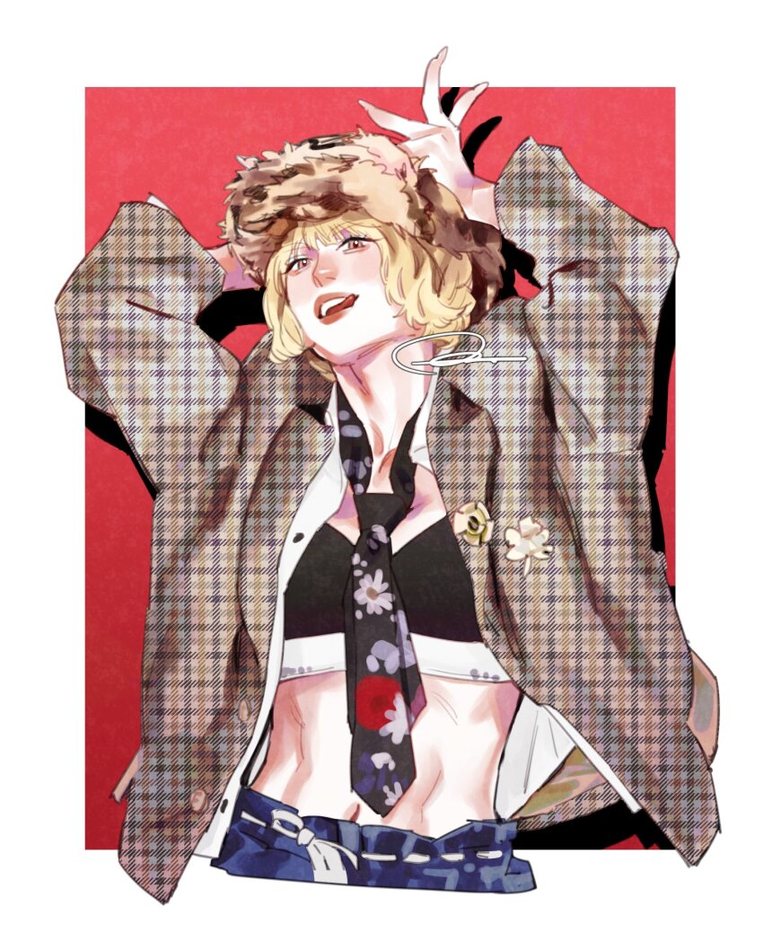 1girl, abs, black_bra, black_necktie, blonde_hair, blue_pants, border, bra, brown_eyes, brown_hat, collared_shirt, hand_on_own_hat, hat, highres, jacket, k-pop, licking_lips, looking_at_viewer, midriff, misamo, momo_(twice), navel, necktie, ochie, outside_border, pants, plaid_clothes, plaid_jacket, real_life, red_background, shirt, short_hair, smile, solo, tongue, tongue_out, twice_(group), underwear, unmoving_pattern, white_border