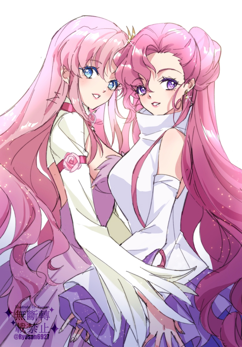 2girls, artist_name, bare_shoulders, blue_eyes, breasts, code_geass, colored_eyelashes, cosplay