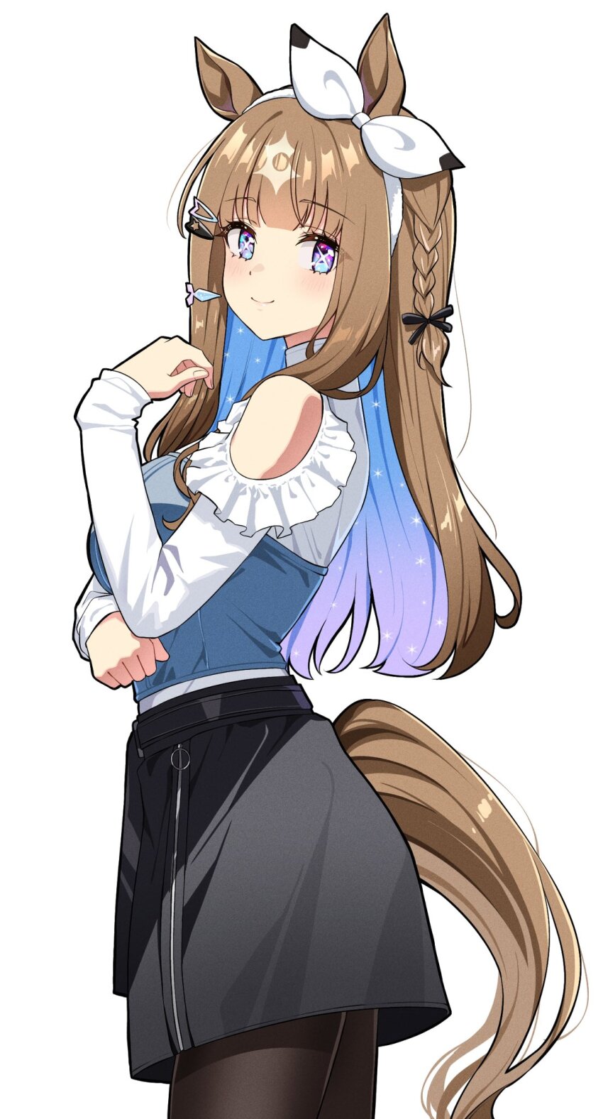 1girl, almond_eye_(casual)_(umamusume), almond_eye_(umamusume), animal_ears, bare_shoulders, black_pantyhose, black_skirt, blue_eyes, blue_hair, blue_vest, blush, bow, bow_hairband, brown_hair, brown_tail, closed_mouth, clothing_cutout, colored_inner_hair, commentary_request, cowboy_shot, cross-shaped_pupils, fingernails, hair_ornament, hairband, hairclip, highres, horse_ears, horse_girl, long_hair, looking_at_viewer, multicolored_hair, pantyhose, reia_76, shirt, shoulder_cutout, simple_background, skirt, smile, streaked_hair, symbol-shaped_pupils, too_many_hair_ornaments, umamusume, vest, white_background, white_bow, white_shirt, white_streaks, x-shaped_pupils