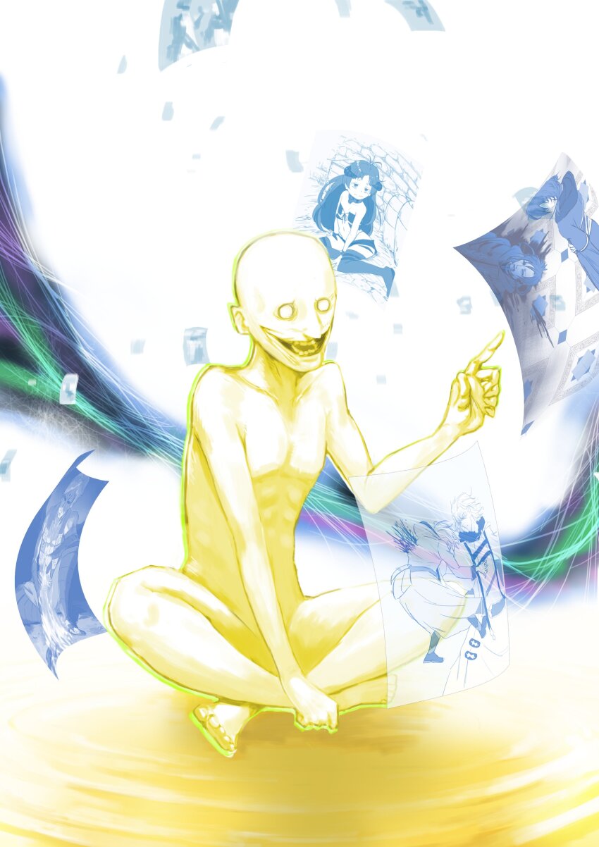 1boy, absurdres, bald, colored_skin, hashtag-only_commentary, highres, hitogami, hitogami_(mushoku_tensei), kishirika_kishirisu, mushoku_tensei, n_furaibou, nude, on_ground, open_mouth, orsted_(mushoku_tensei), pages, paul_greyrat, pointing, rudeus_greyrat, ruijerd_superdia, smile, solo, white_background, white_eyes, yellow_skin