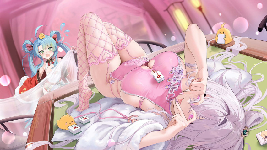 2girls, azur_lane, breasts, dress, full_body, game_cg, gradient_hair, green_eyes, green_hair, hair_ribbon, hair_rings, highres, krasny_kavkaz_(azur_lane), krasny_kavkaz_(playing_blind)_(azur_lane), lantern, large_breasts, leotard, logo, long_hair, looking_at_viewer, mahjong, mahjong_tile, manjuu_(azur_lane), multicolored_hair, multiple_expressions, multiple_girls, night, non-web_source, official_alternate_costume, on_table, open_mouth, ozornoy_(azur_lane), ozornoy_(the_white-robed_wind_rider_ascends)_(azur_lane), paper_lantern, petite, pink_dress, pink_hair, pink_theme, pink_thighhighs, red_ribbon, ribbon, small_breasts, smile, standing, star-shaped_pupils, star_(symbol), symbol-shaped_pupils, table, thighhighs, twintails, very_long_hair, white_hair, white_leotard, white_thighhighs, wide_sleeves, yellow_pupils, zettai_ryouiki