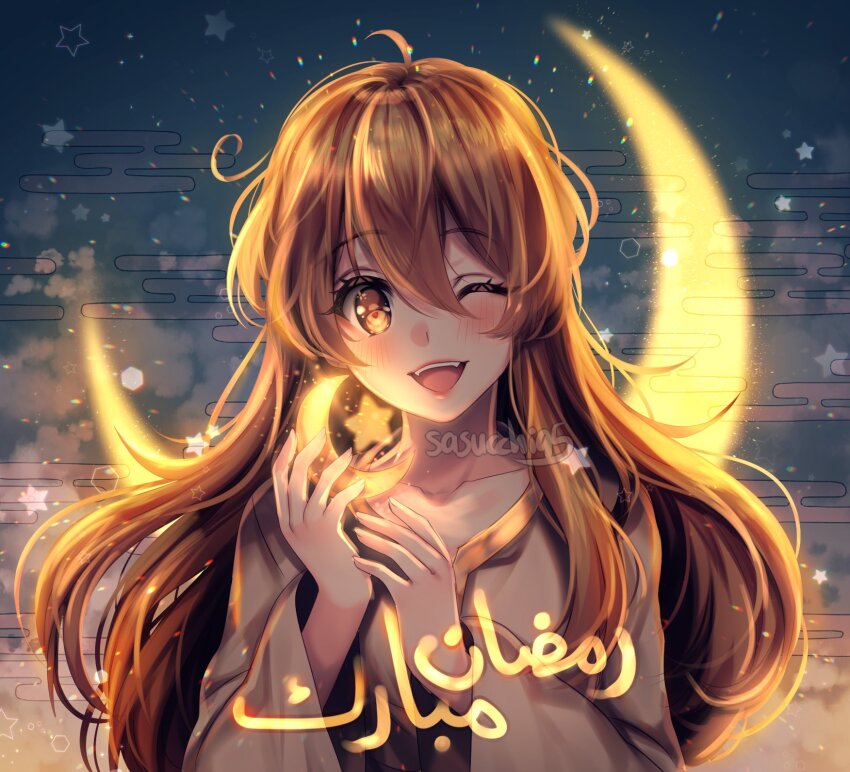 1girl, ;d, ahoge, arabic_text, artist_name, artist_self-insert, backlighting, blush