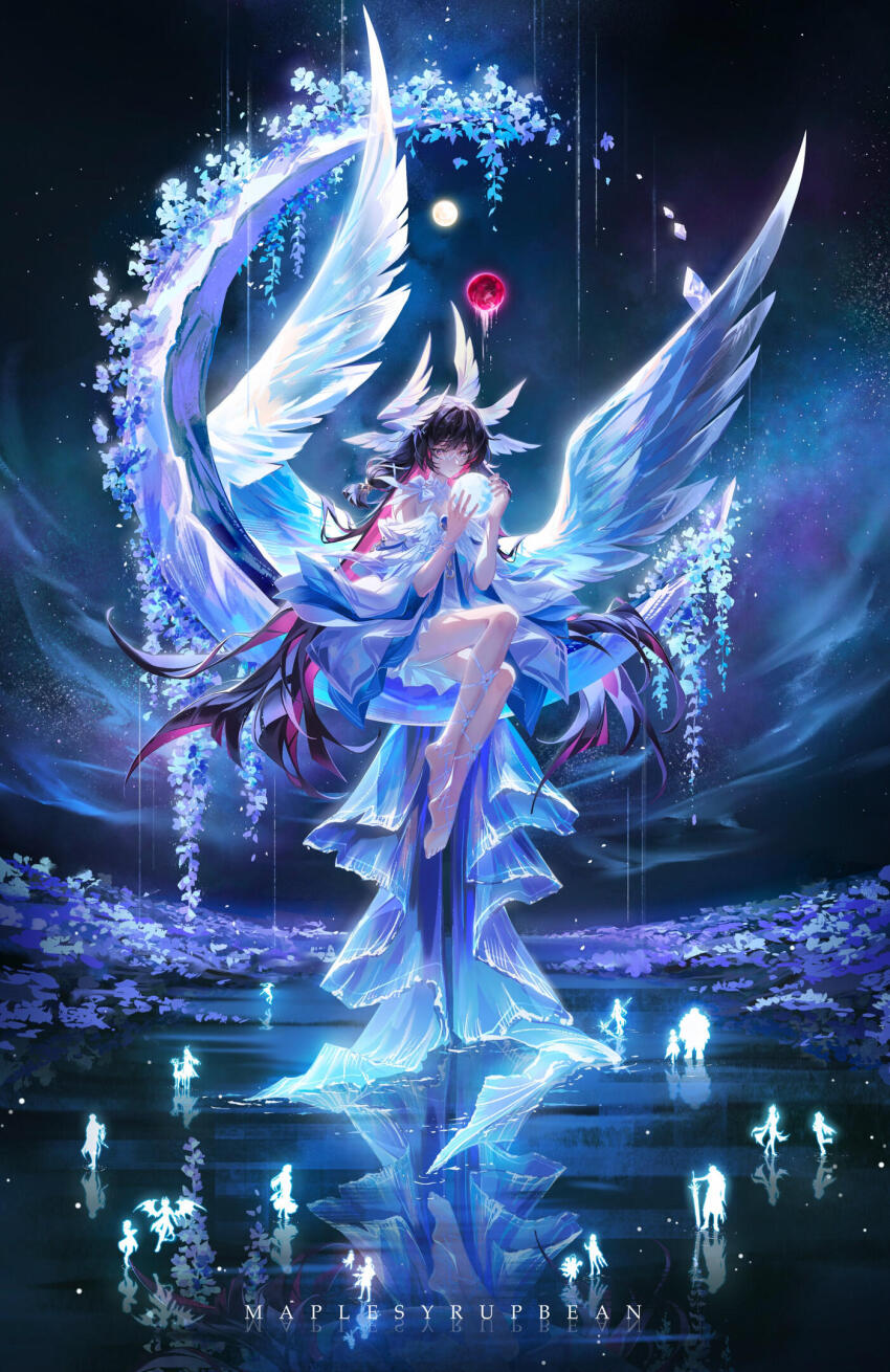 1girl, aether_(genshin_impact), aino_(genshin_impact), albedo_(genshin_impact), annotated, arlecchino_(genshin_impact), artist_name, barefoot