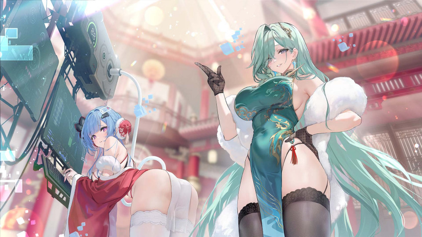 2girls, ass, azur_lane, black_gloves, black_thighhighs, blue_hair, bogatyr_(azur_lane), bogatyr_(emotional_data_maintenance)_(azur_lane)