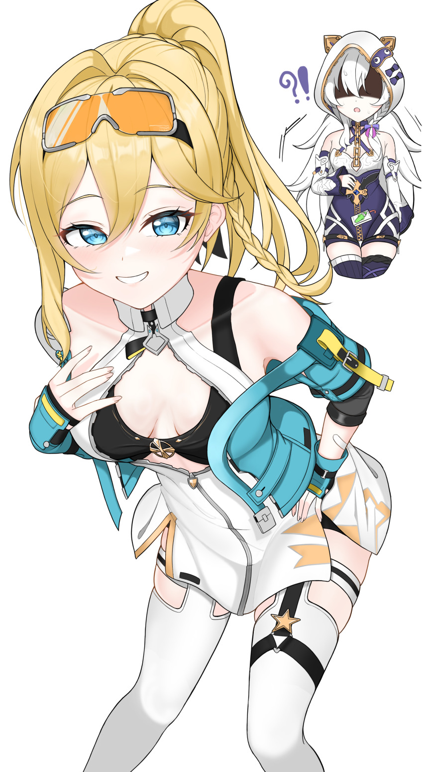 !?, 2girls, absurdres, aged_down, aqua_jacket, black_bra, blonde_hair, blue_eyes