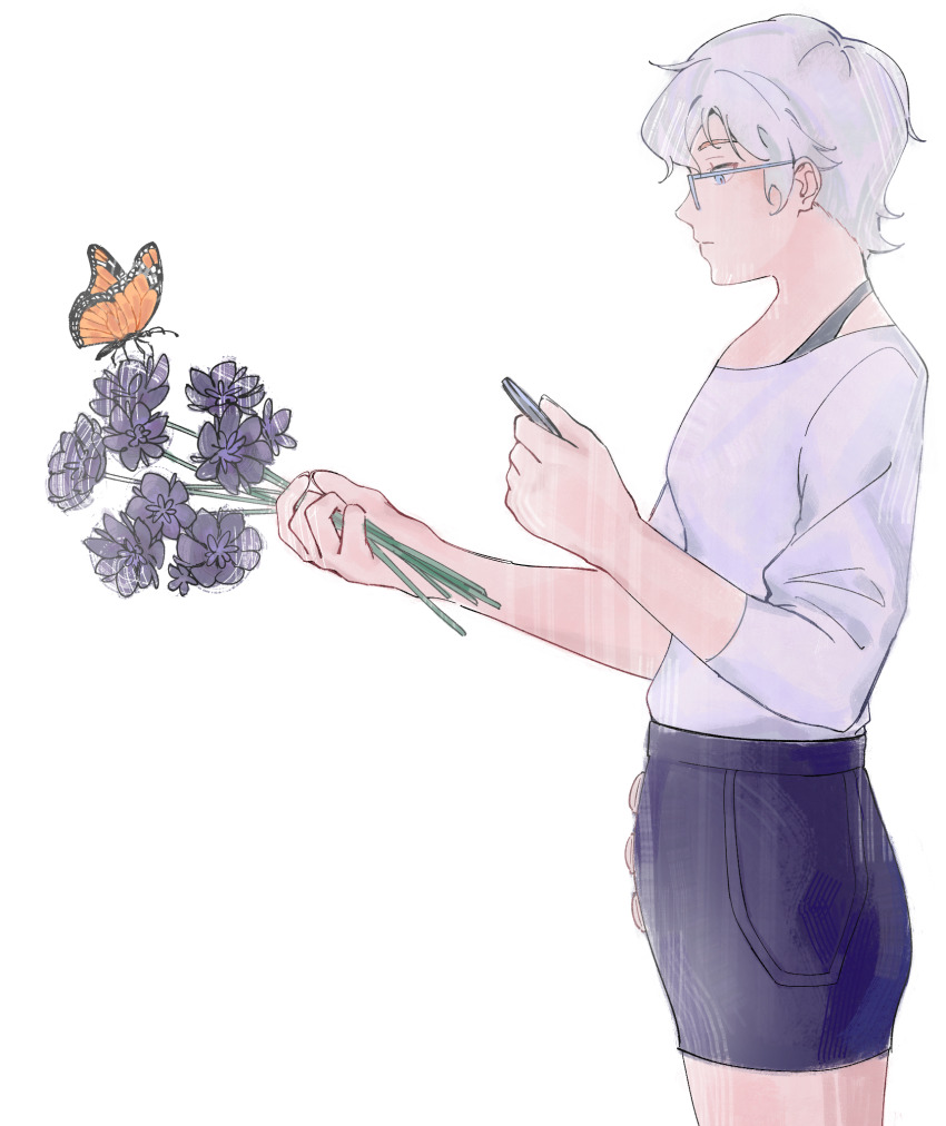 1girl, blue_eyes, blue_shorts, bug, butterfly, closed_mouth, commentary, cowboy_shot