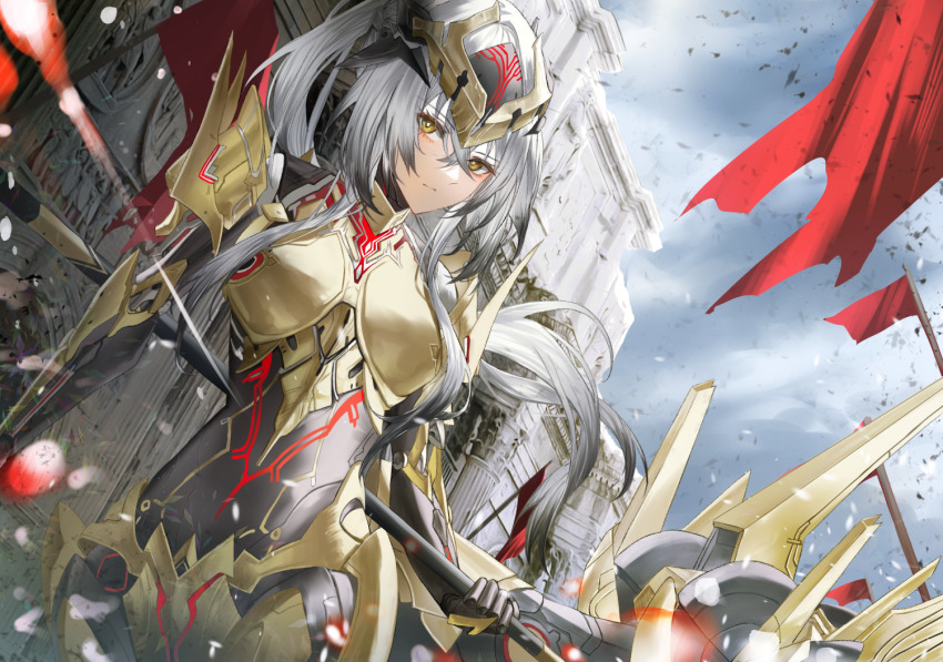 1girl, armor, blue_sky, breasts, centaur, closed_mouth, cloud, commentary