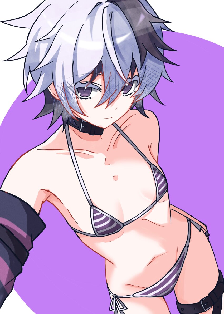 1girl, absurdres, bare_shoulders, belt, bikini, black_hair, closed_mouth, collar