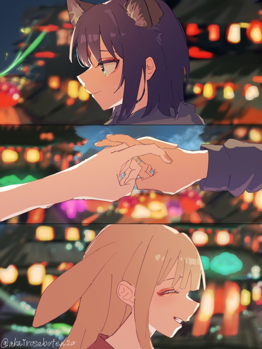 2girls, akairosaboten20, animal_ears, blonde_hair, blurry, blurry_background, cho_kaguya-hime!, closed_eyes