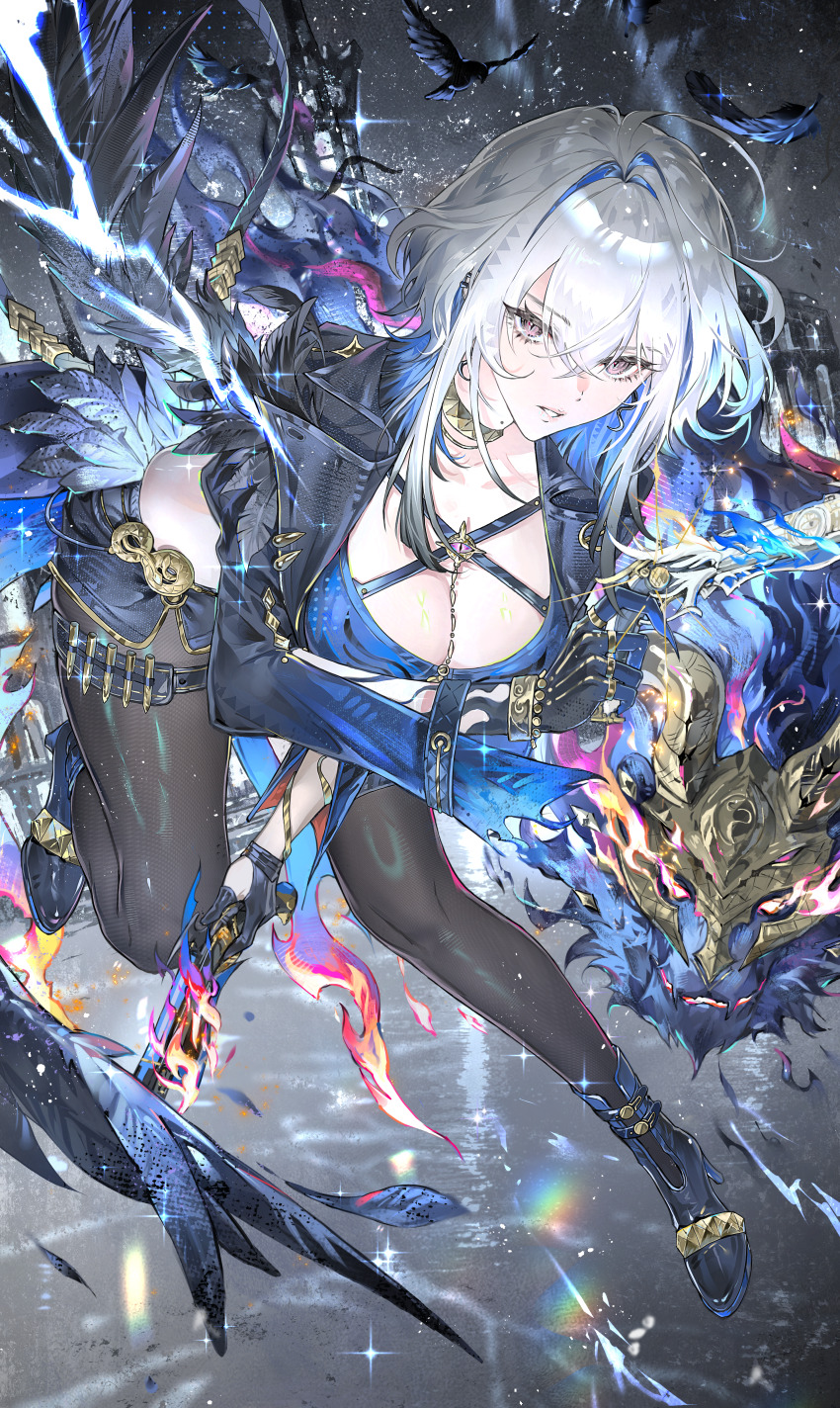 1girl, absurdres, black_jacket, black_pantyhose, black_shorts, blue_bra, bra, breasts