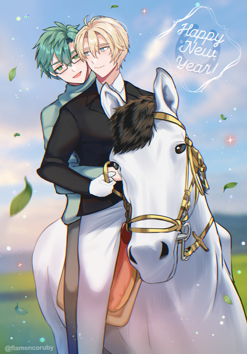 2boys, absurdres, blonde_hair, chinese_zodiac, closed_mouth, commentary, curtained_hair, double-parted_bangs