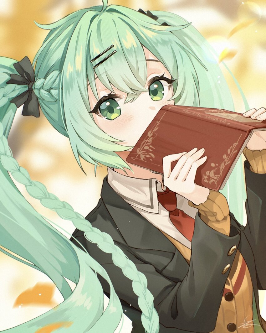1girl, ahoge, aqua_hair, black_jacket, blazer, blush, book, braid