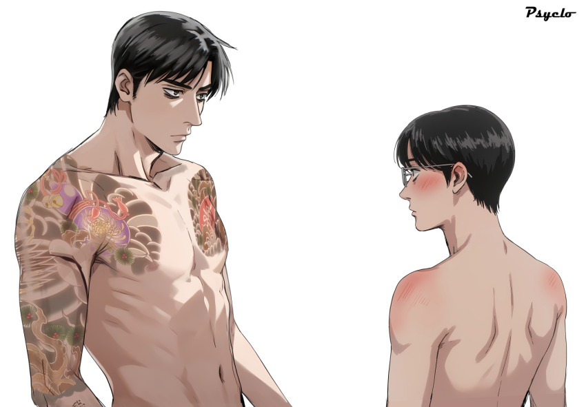 2boys, arm_tattoo, bags_under_eyes, black_hair, blush, chest_tattoo, closed_mouth, famiresu_iko., glasses, implied_yaoi, karaoke_iko!, male_focus, multiple_boys, narita_kyouji, navel, nipples, oka_satomi, psycloclo, short_hair, tattoo, topless_male, upper_body, white_background