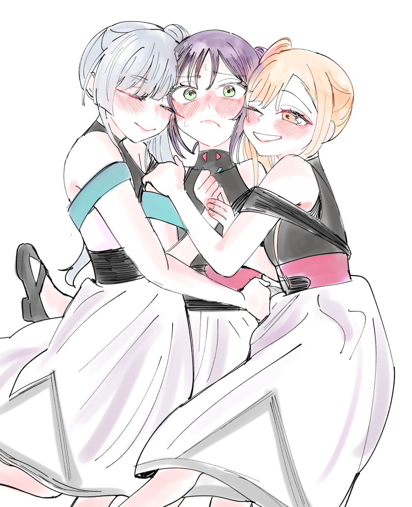 3girls, 6t24413, absurdres, black_dress, black_shoes, blonde_hair, blush, cho_kaguya-hime!