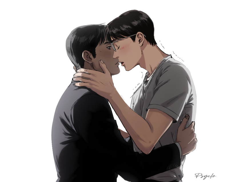 2boys, black_hair, closed_mouth, commentary, english_commentary, famiresu_iko., glasses, jacket