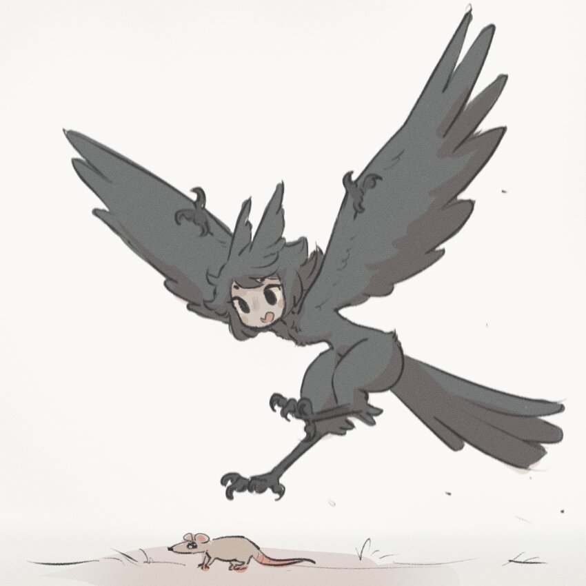 1girl, :o, bird_girl, bird_tail, bird_wings, black_eyes, black_feathers, black_hair