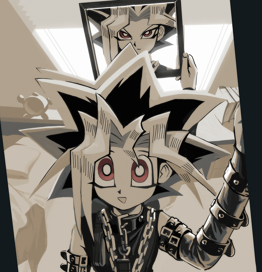 2boys, detached_sleeves, dual_persona, eyeliner, holding, holding_mirror, makeup, male_focus