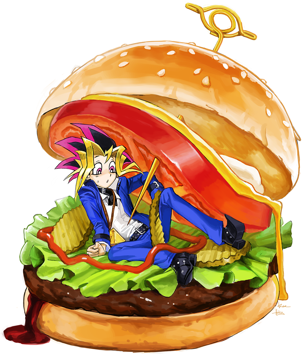 1boy, black_hair, blonde_hair, blue_jacket, burger, colored_bangs, domino_high_school_uniform, food