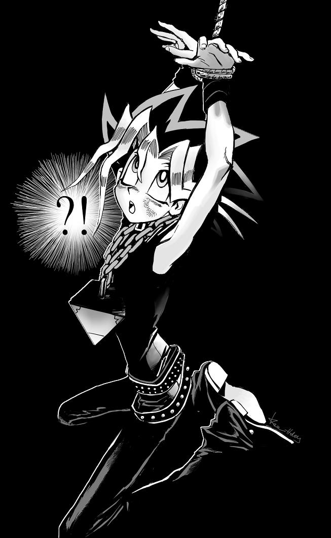 !?, 1boy, black_hair, black_shirt, bound, bound_wrists, bruise, bruise_on_face, chain, chain_necklace, colored_bangs, injury, jewelry, male_focus, millennium_puzzle, multicolored_hair, muto_yugi, necklace, open_mouth, pants, peacock_hair, rope, shirt, spiked_hair, theholeyness, yu-gi-oh!, yu-gi-oh!_duel_monsters