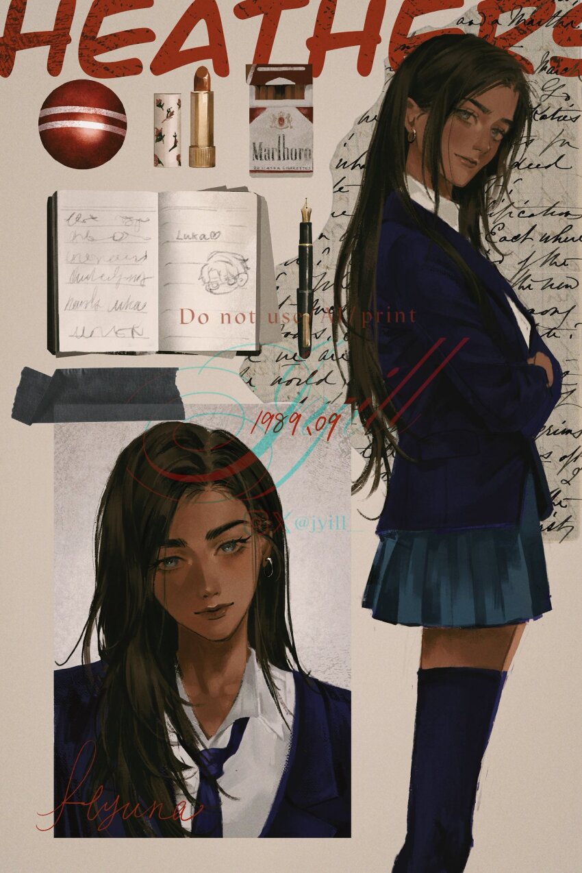 1girl, alien_stage, artist_name, blazer, blue_jacket, blue_necktie, blue_skirt, blue_thighhighs