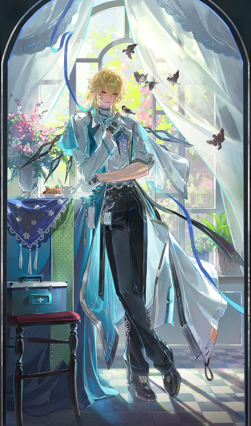 1boy, absurdres, bird, black_pants, black_shoes, blonde_hair, checkered_floor, chinese_commentary