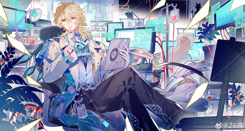 1boy, 1girl, absurdres, black_pants, blonde_hair, chinese_commentary, closed_mouth, coat