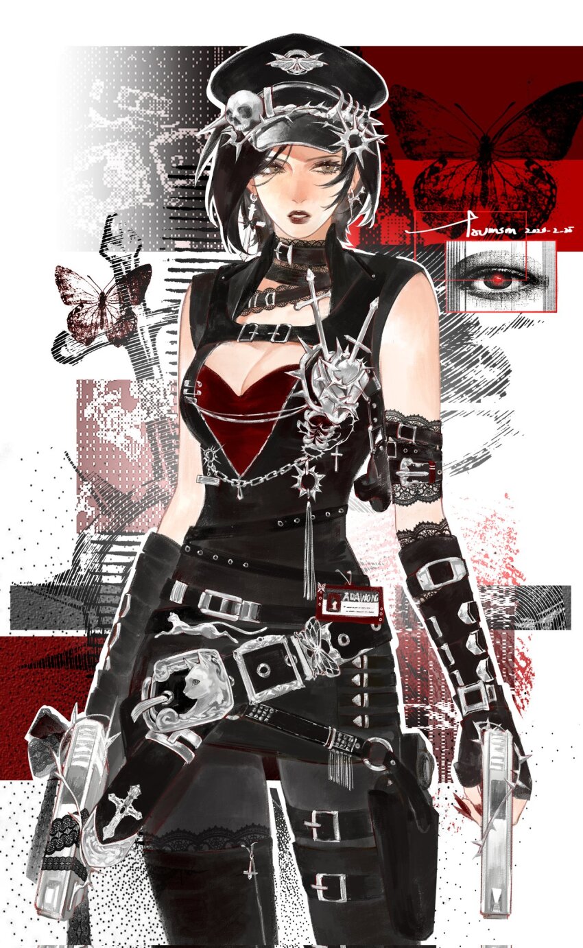1girl, ada_wong, alternate_costume, bare_shoulders, belt_buckle, black_boots, black_dress, black_gloves