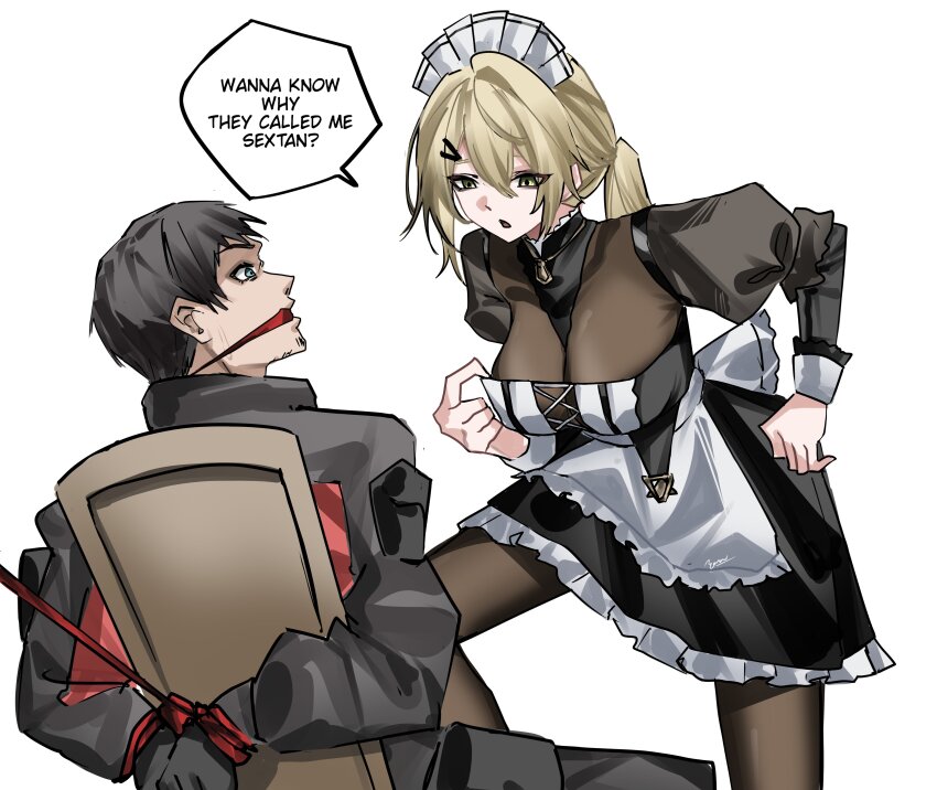 1boy, 1girl, absurdres, apron, arms_behind_back, bdsm, black_dress, black_gloves