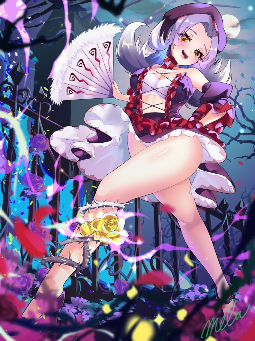 1girl, bare_shoulders, beret, breasts, cleavage, commentary_request, commission, dress, elizabeth_(wild_arms), flower, flower_on_leg, frilled_dress, frills, full_body, grey_hair, hat, high_heels, highres, juliet_sleeves, legs, long_hair, long_sleeves, looking_at_viewer, mariaclossz, open_mouth, puffy_sleeves, purple_dress, purple_hat, purple_sleeves, rose, skeb_commission, smile, solo, strapless, strapless_dress, thorns, wild_arms, wild_arms_1, yellow_flower, yellow_rose