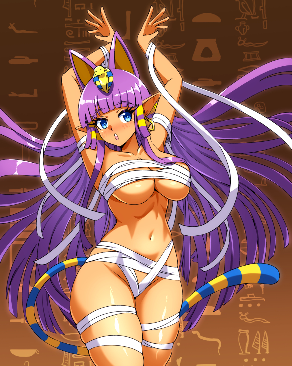 animal_ears, ankha_(animal_crossing), ankha_(animal_crossing)_(cosplay), arms_up, bandages, blue_eyes, blunt_bangs, blush