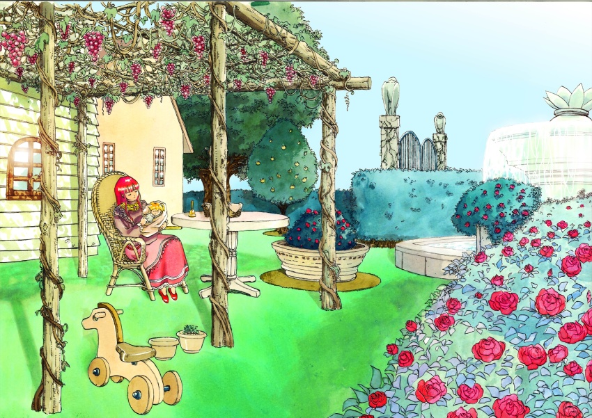 1boy, 1girl, absurdres, ark_(tenchi_souzou), baby, chair, closed_mouth, commentary_request