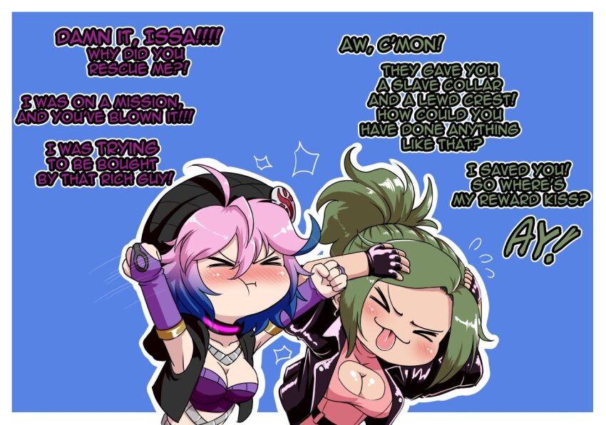 2girls, :p, beanie, black_gloves, black_hat, black_jacket, black_vest, blue_hair