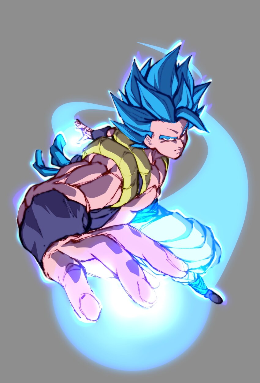 1boy, absurdres, black_boots, blue_hair, blue_sash, boots, cropped_vest, dragon_ball