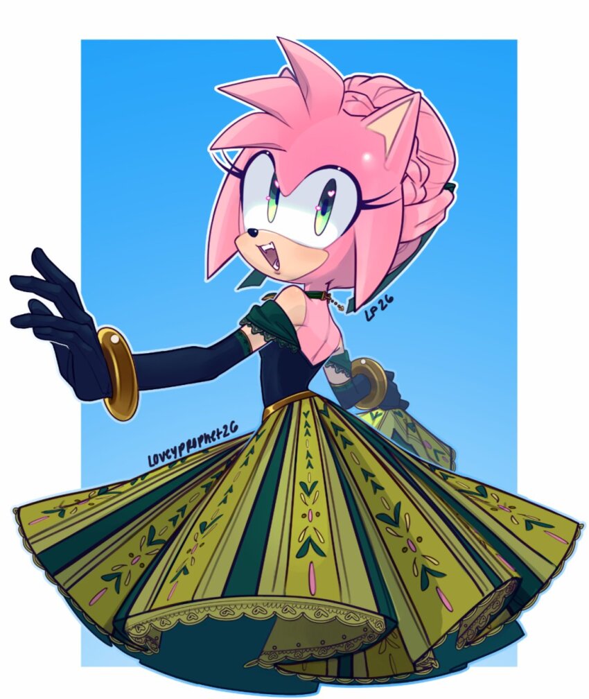 1girl, :d, alternate_hairstyle, amy_rose, anna_(frozen), anna_(frozen)_(cosplay), artist_name, back, black_gloves, blue_background, border, bracelet, braid, commentary, cosplay, crown_braid, dress, elbow_gloves, english_commentary, eyelashes, from_behind, frozen_(disney), furry, furry_female, gloves, green_eyes, hair_bun, heart, heart_in_eye, hedgehog_girl, highres, holding_own_dress, jewelry, kristen_bell, looking_at_viewer, looking_back, loveyprophet, open_mouth, outside_border, pink_fur, pink_hair, short_hair, smile, solo, sonic_(series), symbol_in_eye, teeth, voice_actor_connection, white_border
