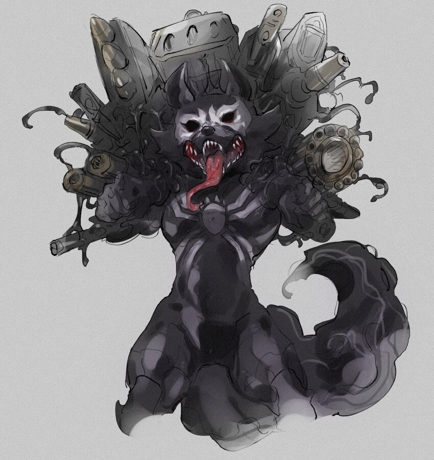 1boy, animal_ears, facing_viewer, fangs, furry, furry_male, grey_background, guardians_of_the_galaxy