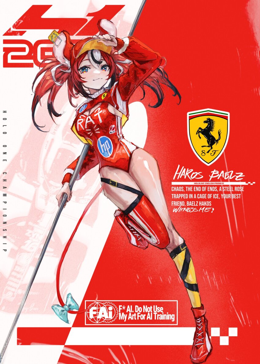1girl, adjusting_clothes, adjusting_headwear, animal_ear_fluff, animal_ears, black_hair, black_streaks, blue_eyes, breasts, character_name, cleavage_cutout, clothes_writing, clothing_cutout, commentary, double-parted_bangs, ferrari, flag, hair_between_eyes, hakos_baelz, hewlett-packard, highres, holding, holding_flag, hololive, hololive_english, leotard, looking_at_viewer, medium_breasts, mouse_ears, mouse_tail, mousetrap, multicolored_hair, race_queen, red_hair, red_leotard, red_shrug, shell_(company), shrug_(clothing), standing, standing_on_one_leg, streaked_hair, tablicoart, tail, tail_ornament, thigh_strap, thighs, twintails, uneven_twintails, virtual_youtuber, watermark, white_hair