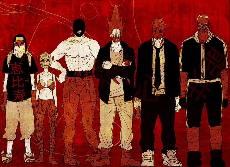 2girls, 4boys, abs, backpack, bag, belt, bra, breast_padding