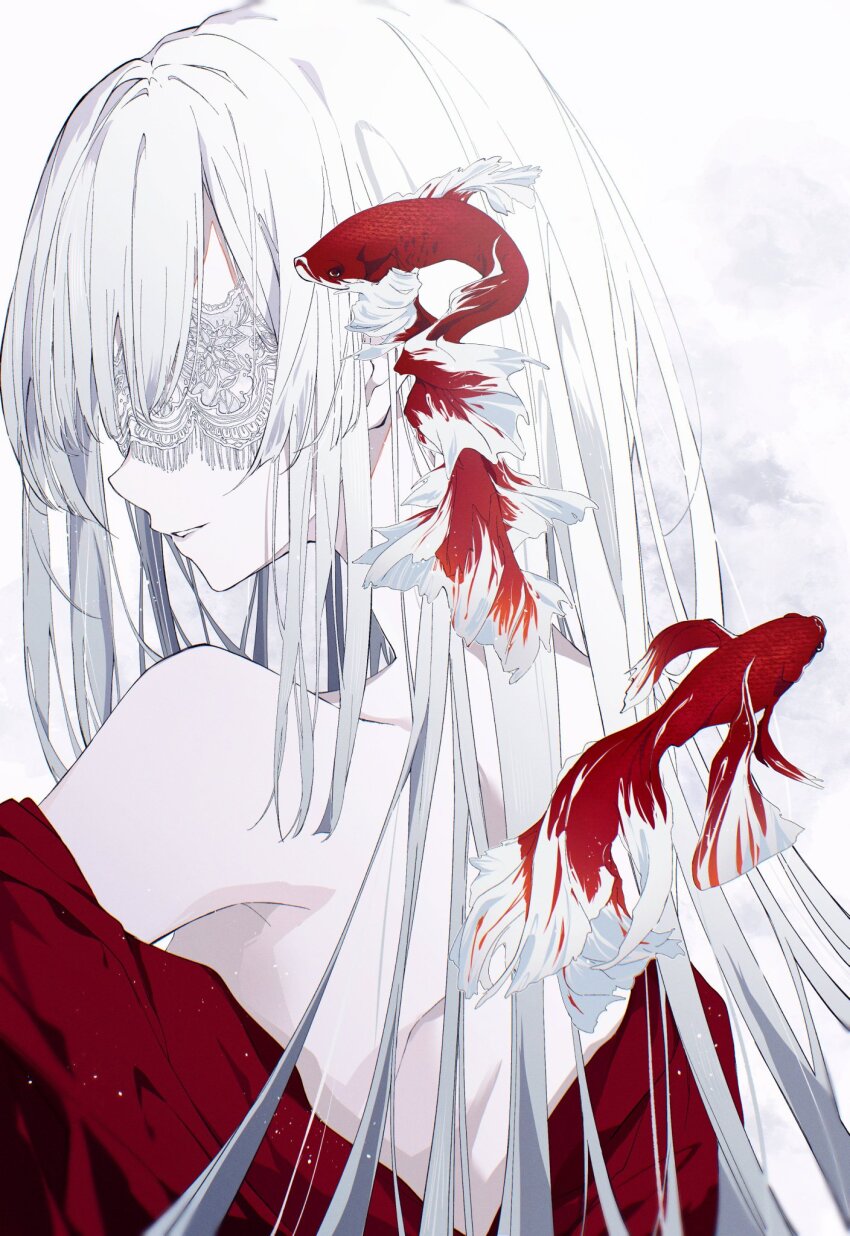 1other, ambiguous_gender, androgynous, bare_back, bare_shoulders, blindfold, expressionless, fish