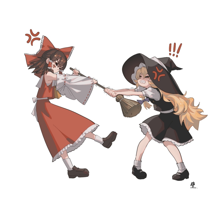 !, !!, 2girls, abi_(kabe), anger_vein, angry, ascot, black_hat