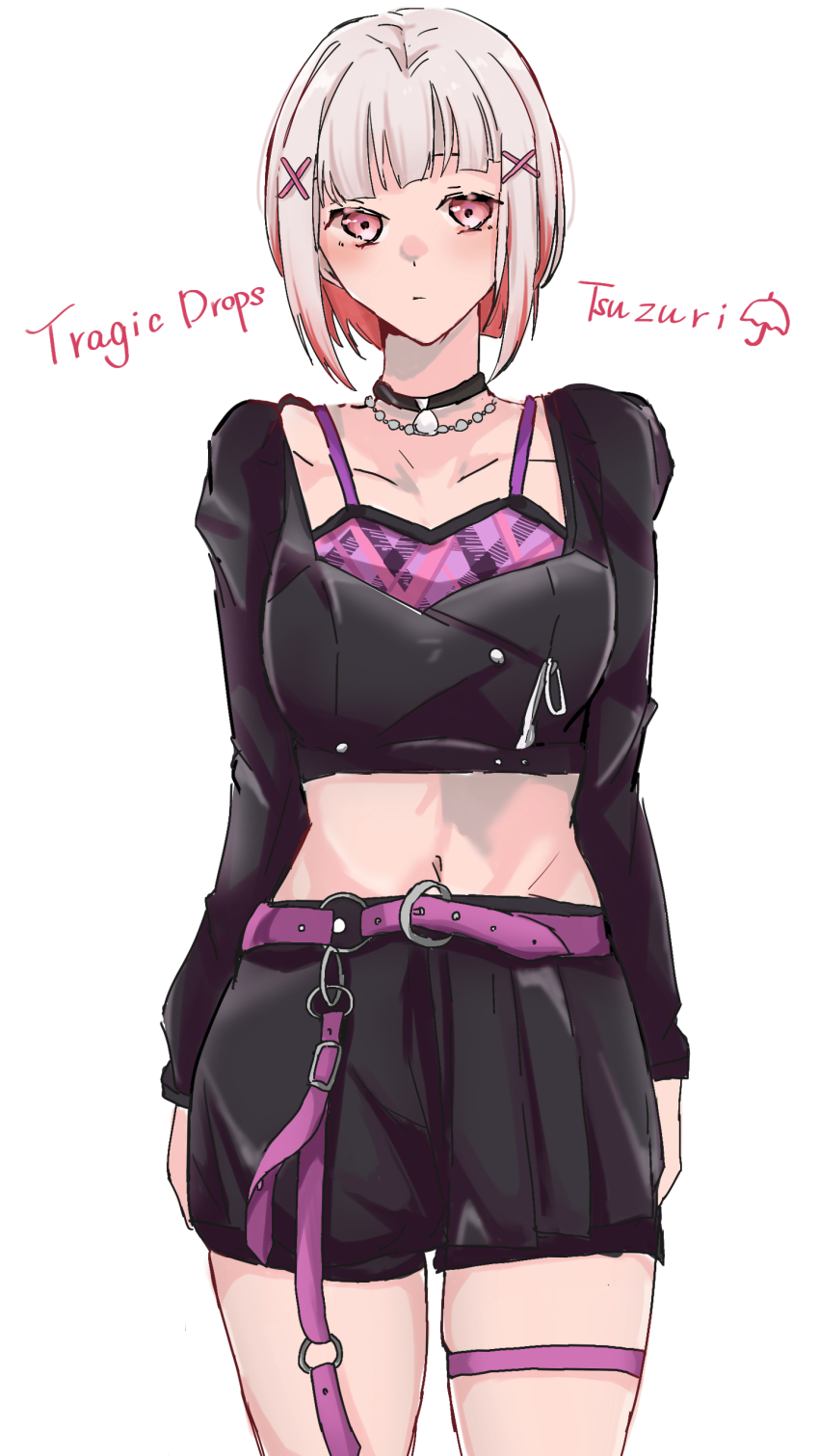 1girl, absurdres, arms_at_sides, black_jacket, black_shorts, black_skirt, blush, bob_cut
