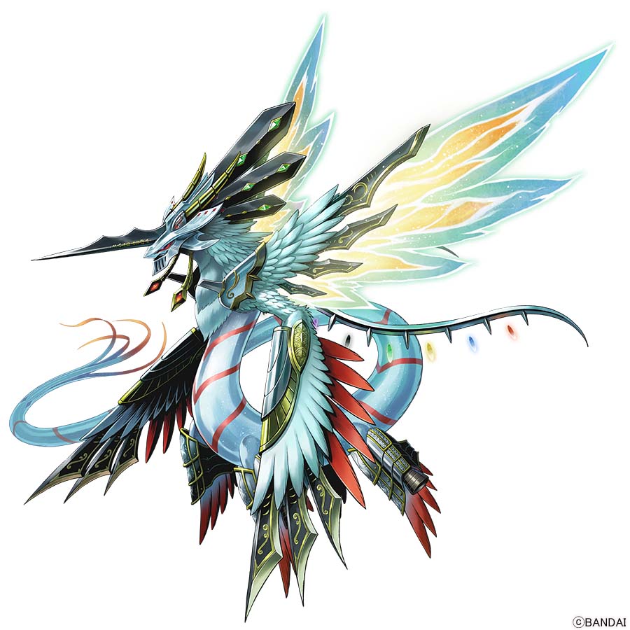 commentary_request, digimon, digimon_(creature), digimon_card_game, digimon_liberator, dragon, energy_wings, full_body, horns, no_humans, official_art, red_eyes, simple_background, single_horn, vortexdramon, white_background