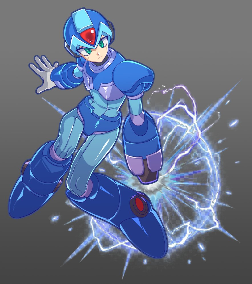 1boy, arm_cannon, armor, blue_armor, blue_helmet, commentary_request, forehead_jewel, full_body