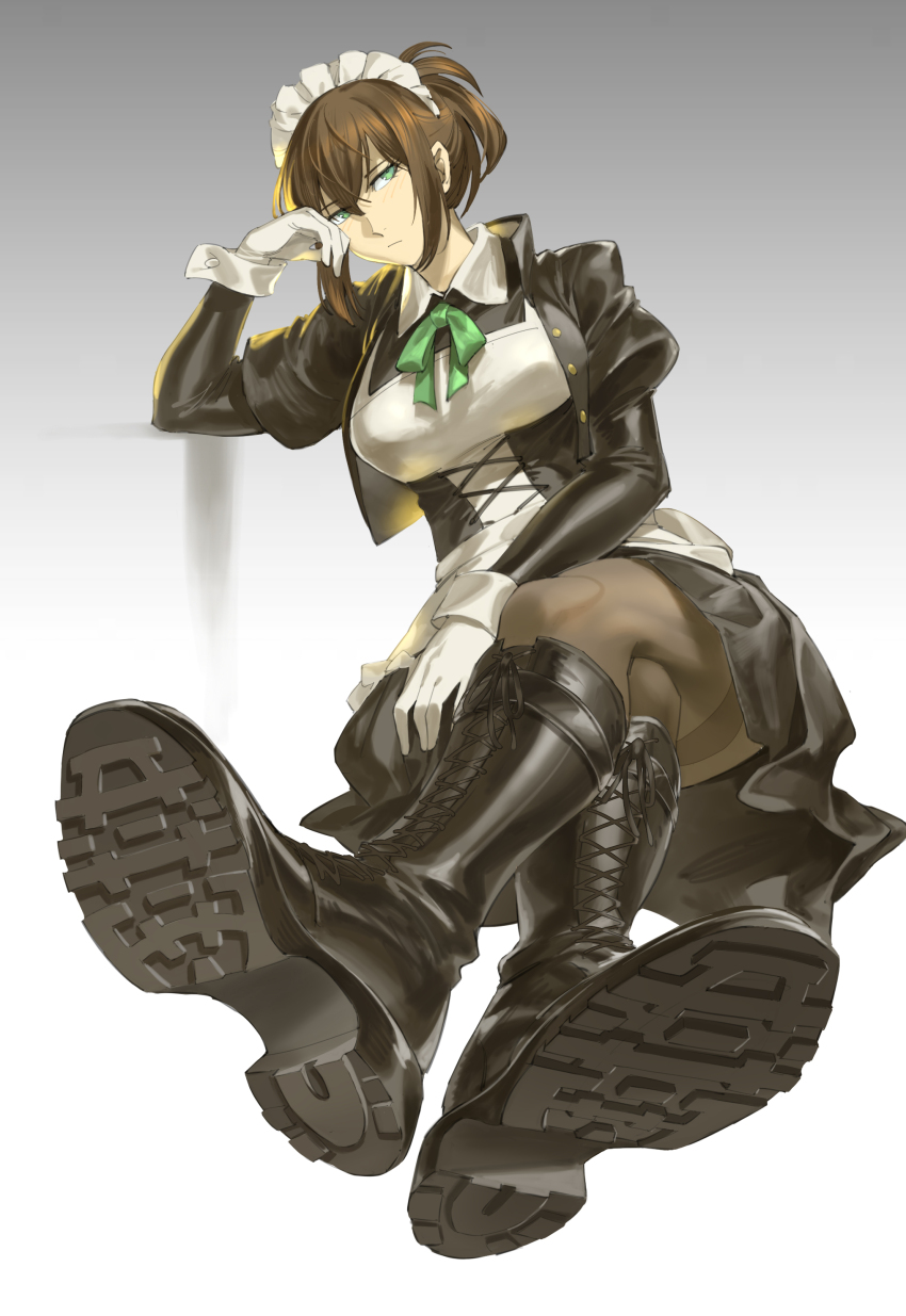 absurdres, apron, black_boots, black_pantyhose, boots, crossed_legs, feet, fine_fabric_emphasis