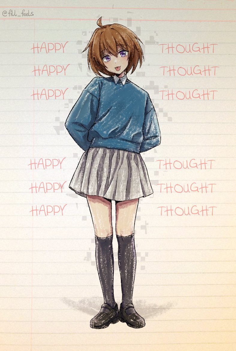 1girl, ahoge, arms_behind_back, black_shoes, black_socks, blue_sweater, brown_hair, collared_shirt