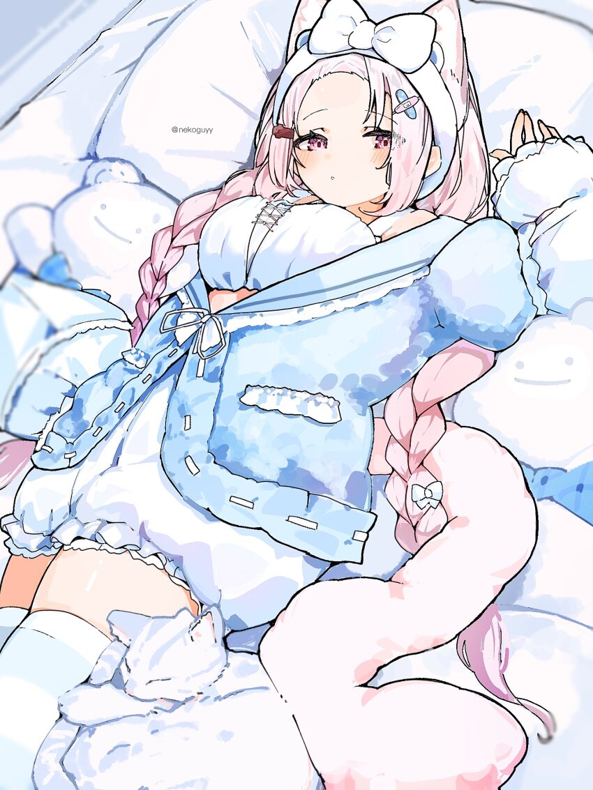 1girl, animal_ears, bandaid, bandaid_hair_ornament, bloomers, blue_cardigan, blush, bow