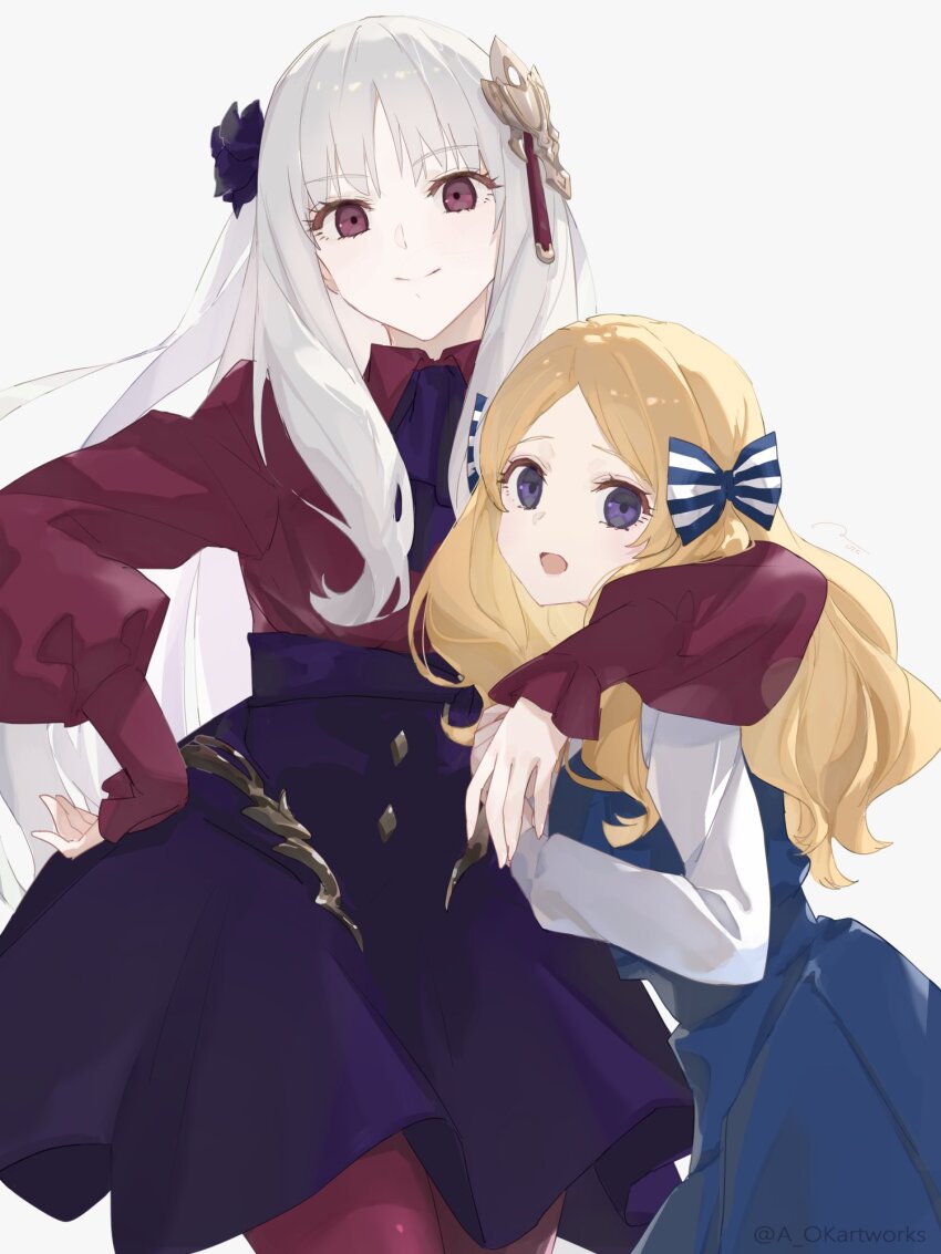 2girls, aopix_001, blonde_hair, bow, commentary_request, fate/strange_fake, fate_(series), fillia_(fate), hair_bow, hair_ornament, haruri_borzak, highres, long_hair, long_sleeves, looking_at_viewer, multiple_girls, skirt, smile, white_hair